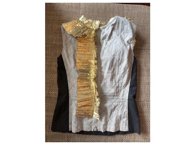 Dries Van Noten Top sin mangas negro con cuello de volantes dorados - vista 4