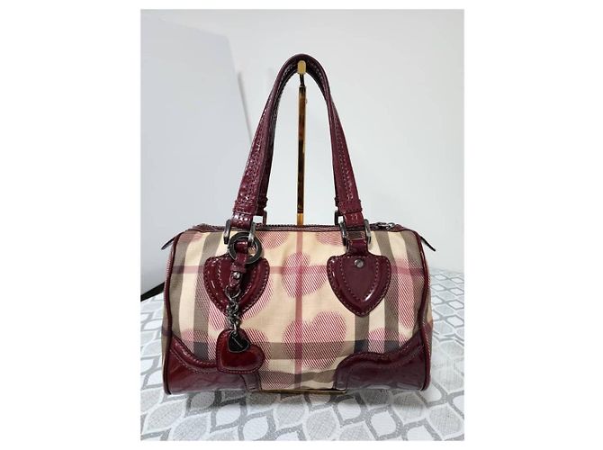 Burberry Borsa Bowling Heart Chester Tela Supernova Check e Pelle Verniciata Rosso Beige - vista 10