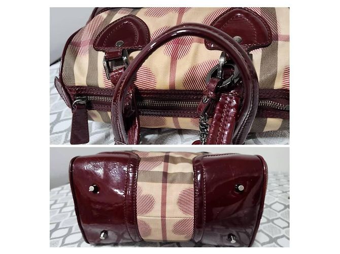 Burberry Borsa Bowling Heart Chester Tela Supernova Check e Pelle Verniciata Rosso Beige - vista 5