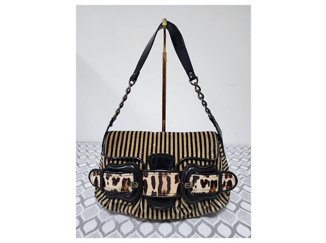 Fendi B Bag gestreifter Samt Braun Schwarz Beige - Ansicht 15