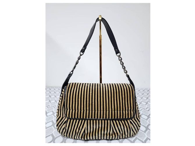 Fendi B Bag gestreifter Samt Braun Schwarz Beige - Ansicht 3