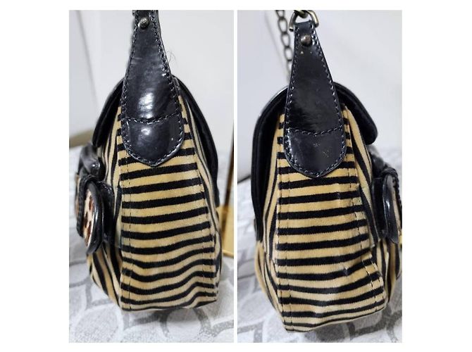Fendi B Bag gestreifter Samt Braun Schwarz Beige - Ansicht 5