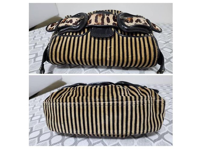 Fendi B Bag gestreifter Samt Braun Schwarz Beige - Ansicht 6