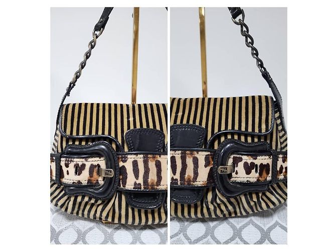Fendi B Bag gestreifter Samt Braun Schwarz Beige - Ansicht 7