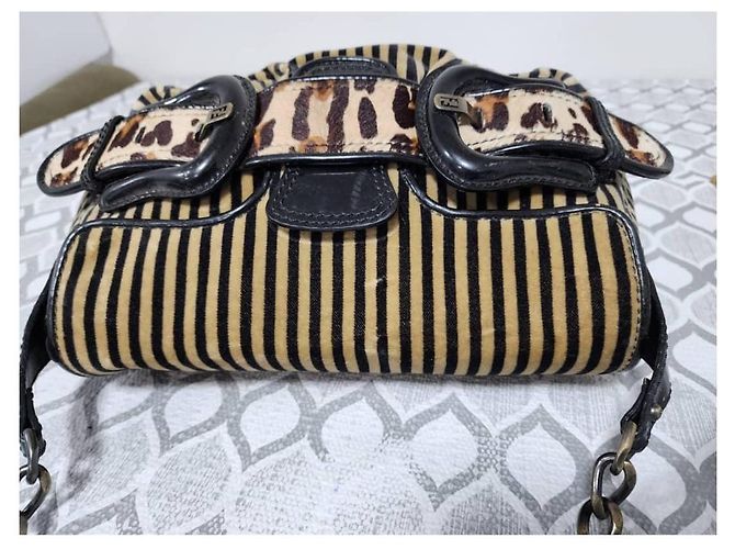 Fendi B Bag gestreifter Samt Braun Schwarz Beige - Ansicht 8