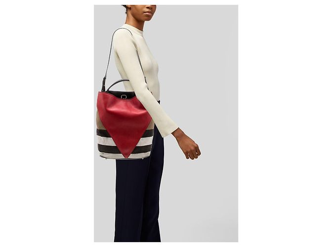 Burberry Ashby Borsa Hobo in Tela - Rosso, Beige, Marrone Nero - vista 12