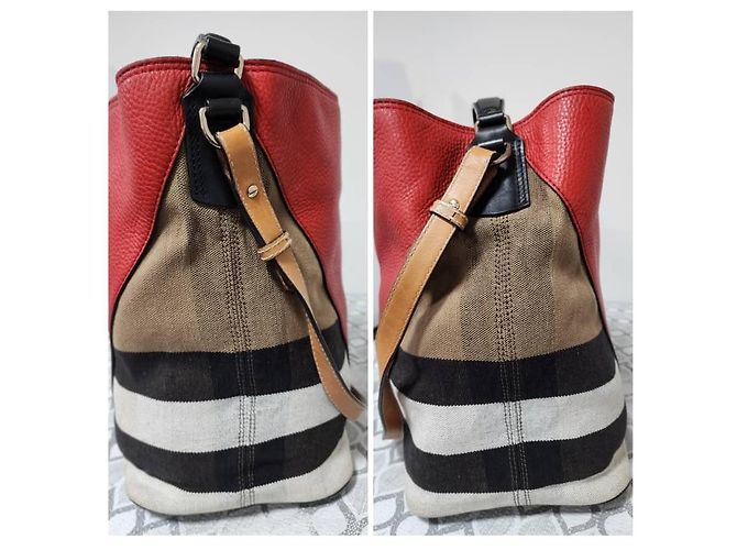 Burberry Ashby Borsa Hobo in Tela - Rosso, Beige, Marrone Nero - vista 6