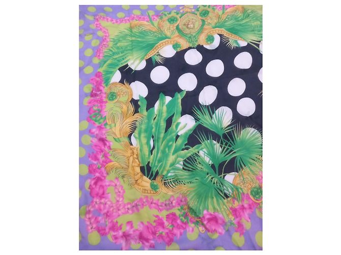 Versace Seidentuch mit Barock-Print und Punkten Schwarz Pink Weiß Golden Grün Lila - Ansicht 4