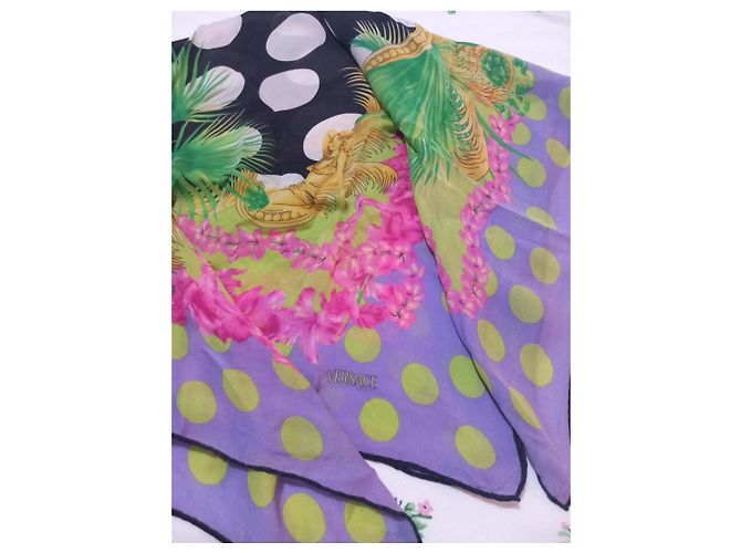 Versace Seidentuch mit Barock-Print und Punkten Schwarz Pink Weiß Golden Grün Lila - Ansicht 6