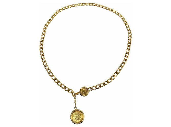Chanel Vintage Metall-Gürtel mit Coco Mark Münze und Kette Golden - Ansicht 3