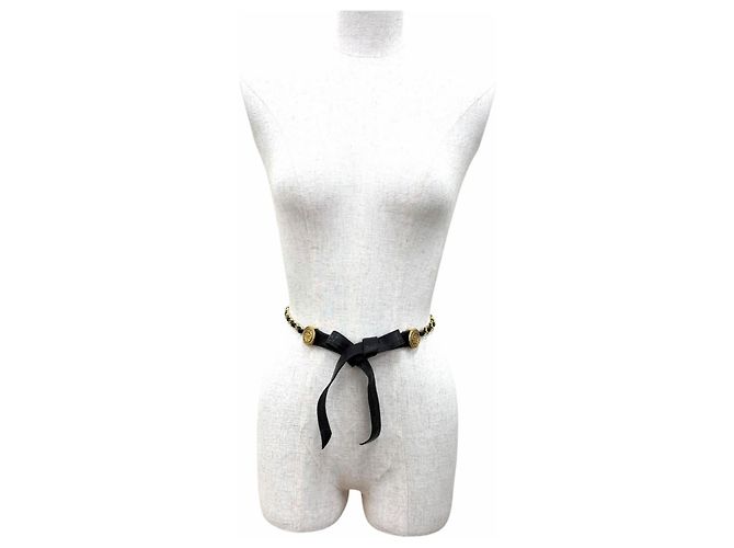 CHANEL Vintage Leder-Kettenbandgürtel mit Coco Mark Metall-Logo Schwarz Golden - Ansicht 3