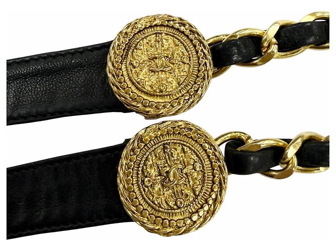 CHANEL Vintage Leder-Kettenbandgürtel mit Coco Mark Metall-Logo Schwarz Golden - Ansicht 5