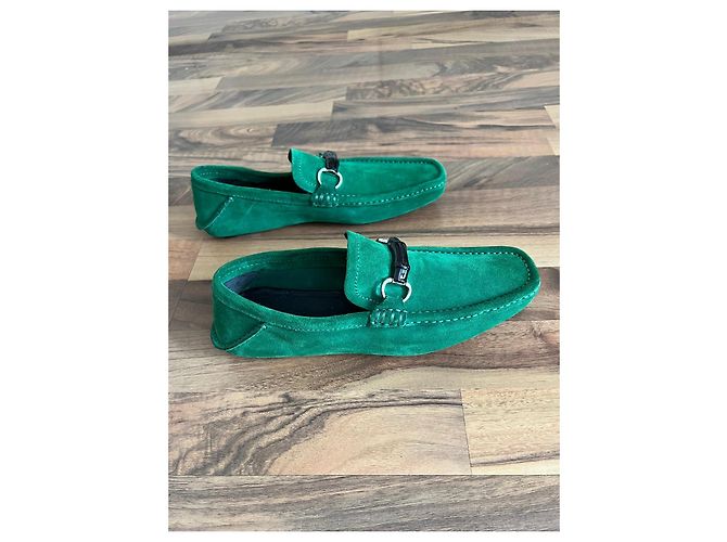 Mocassini Gucci in suede verde dettaglio Bamboo - vista 6