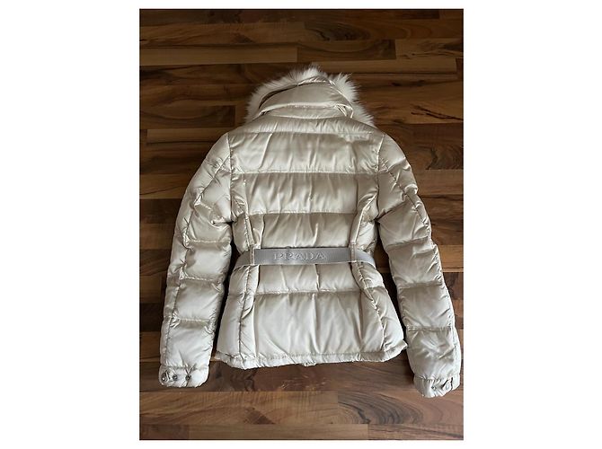 Prada White Down Jacket with Fur Collar and Belt - view 2