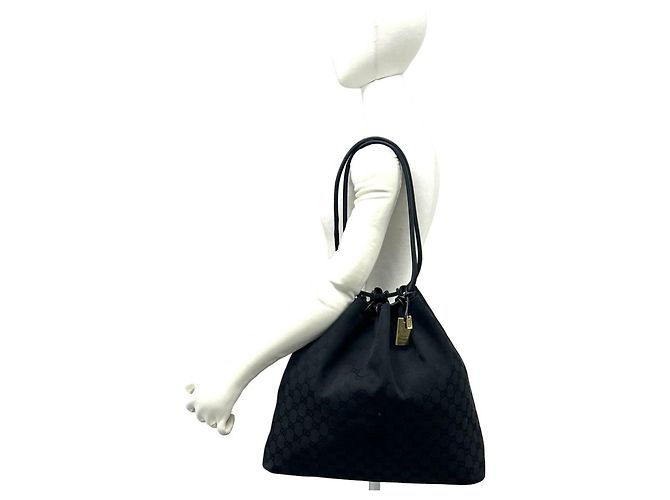 Borsa semi-spalla in pelle e tela GG Canvas Gucci con coulisse Nero - vista 2