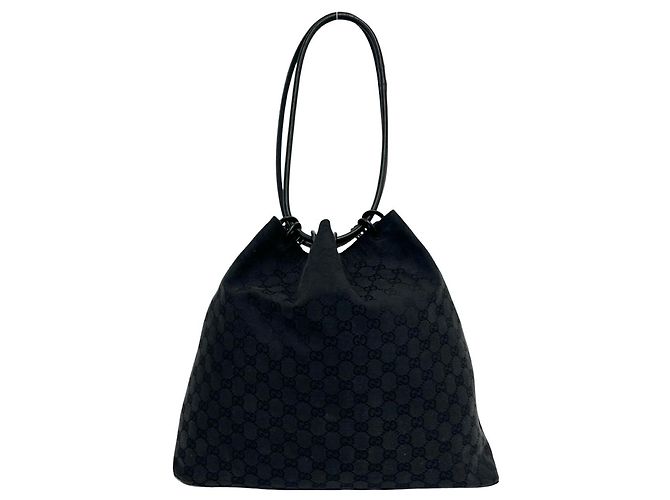 Borsa semi-spalla in pelle e tela GG Canvas Gucci con coulisse Nero - vista 3