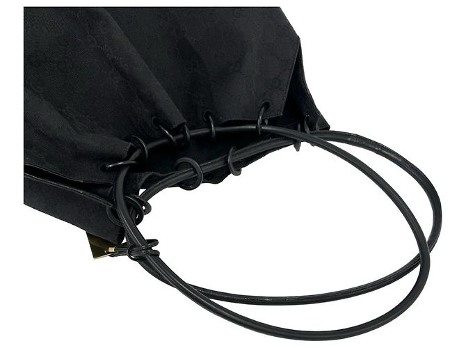 Borsa semi-spalla in pelle e tela GG Canvas Gucci con coulisse Nero - vista 4