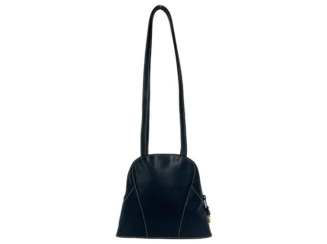 Loewe Vintage Leder-Rund-Tote-Bag mit eingraviertem Logo und Reißverschluss Marineblau - Ansicht 3