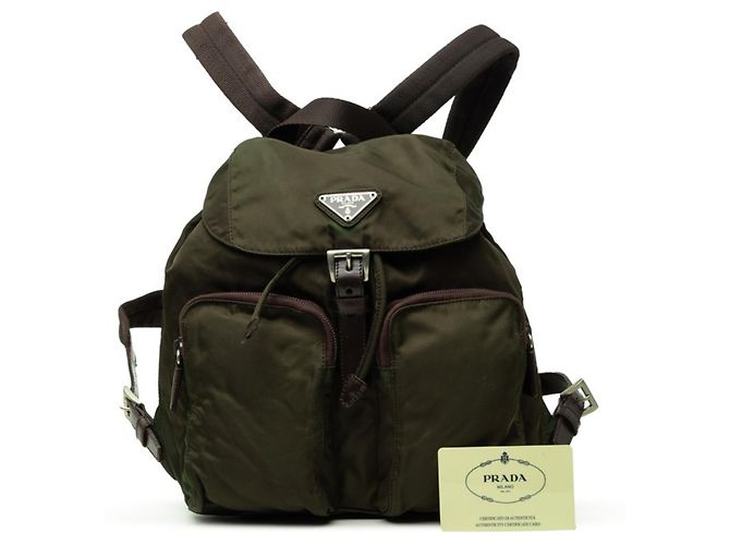 Prada Triangle Logo Plate Vera Backpack Khaki - view 6