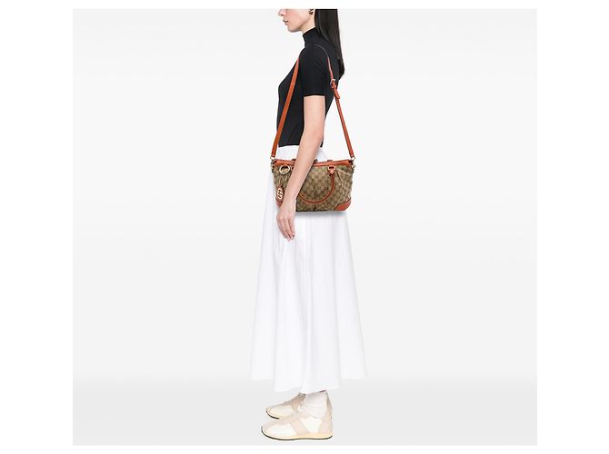 Borsa Satchel Gucci Sukey in tela GG beige - vista 6