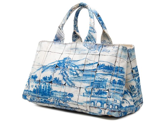 Bolso Satchel Prada Blue Large Canvas Canapa Azulejos - vista 2