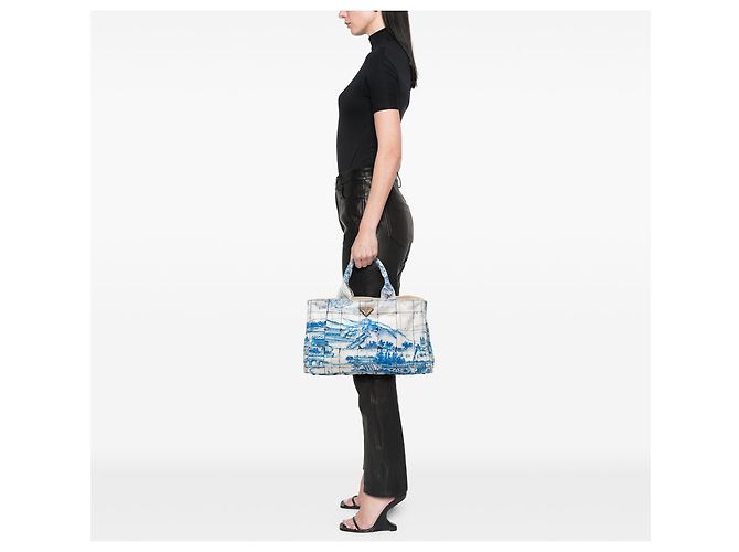 Bolso Satchel Prada Blue Large Canvas Canapa Azulejos - vista 6