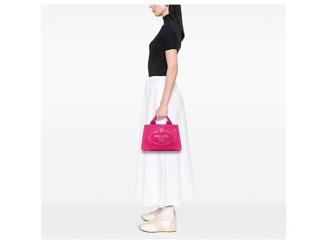 Prada Small Canvas Canapa Logo Tote Rosa - vista 6