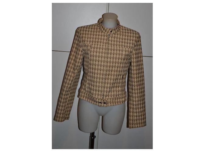 Pinko Diamond Print Cotton Zip-Up Jacket Brown Beige - view 2