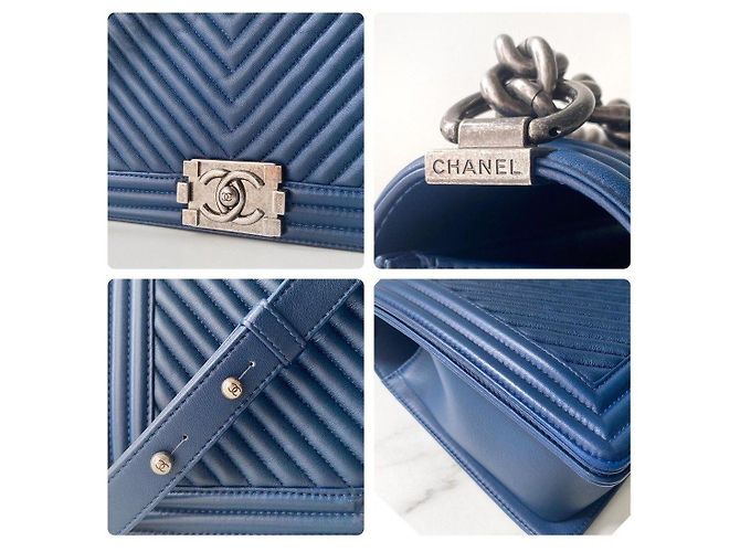 Chanel New Medium Boy Bag Blau Chevron gestepptes Lammleder - Ansicht 8