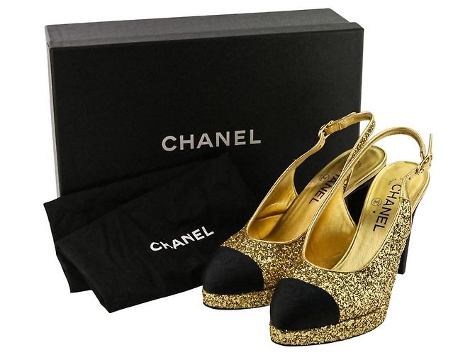 Décolleté Slingback Chanel Coco Mark Glitter Nero D'oro - vista 15