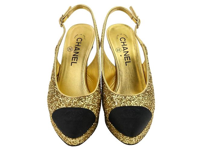 Décolleté Slingback Chanel Coco Mark Glitter Nero D'oro - vista 2