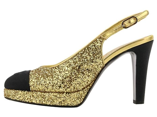 Décolleté Slingback Chanel Coco Mark Glitter Nero D'oro - vista 3