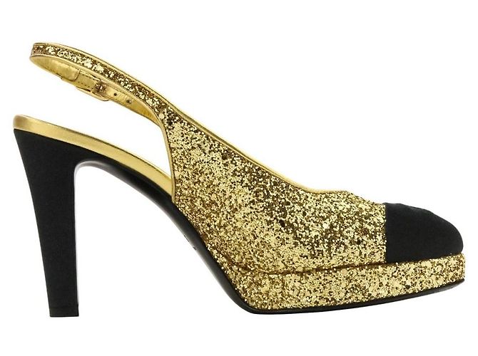 Décolleté Slingback Chanel Coco Mark Glitter Nero D'oro - vista 4