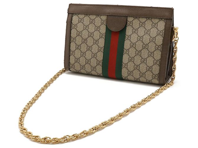 Borsa a tracolla con catena Gucci Ophidia GG Supreme PVC Marrone Rosso Beige Verde - vista 2