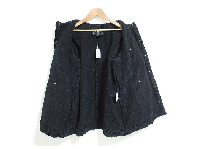 Chanel Camellia Pattern Velour Collarless Jacket Black - view 5