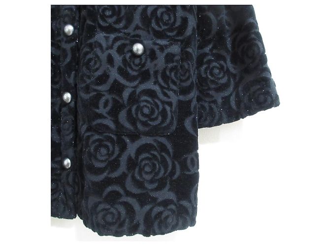 Chanel Camellia Pattern Velour Collarless Jacket Black - view 7