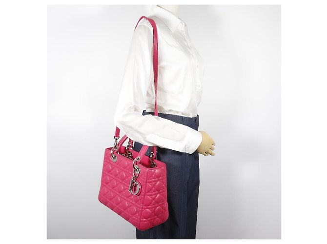 Autre Marque Borsa 2way Christian Dior Lady Dior in pelle Cannage Rosa Fuschia - vista 19
