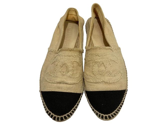 Chanel Espadrille Flache Schuhe Schwarz Beige Roh - Ansicht 2