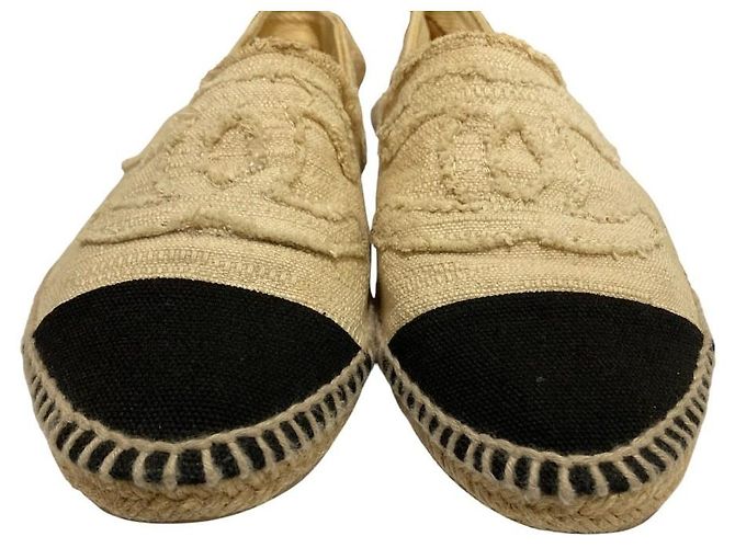 Chanel Espadrille Flache Schuhe Schwarz Beige Roh - Ansicht 3