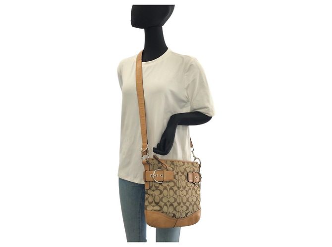 Borsa a tracolla Coach Signature Canvas Leather Marrone Argento Beige - vista 7