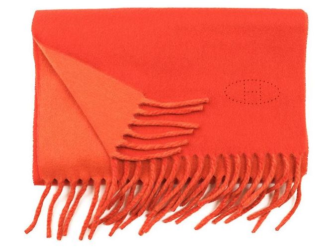 Hermès H Logo Kaschmir-Schal doppelseitig Rot Orange - Ansicht 3