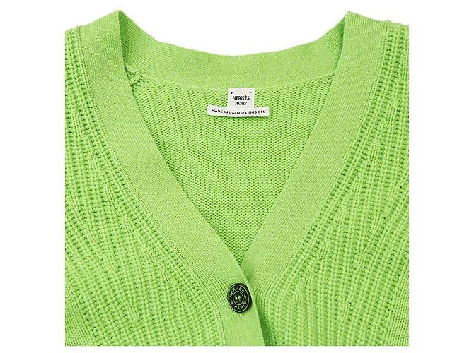 Cardigã de malha de cashmere e algodão Hermès Crew de Selle 34 Verde Verde claro - vista 8