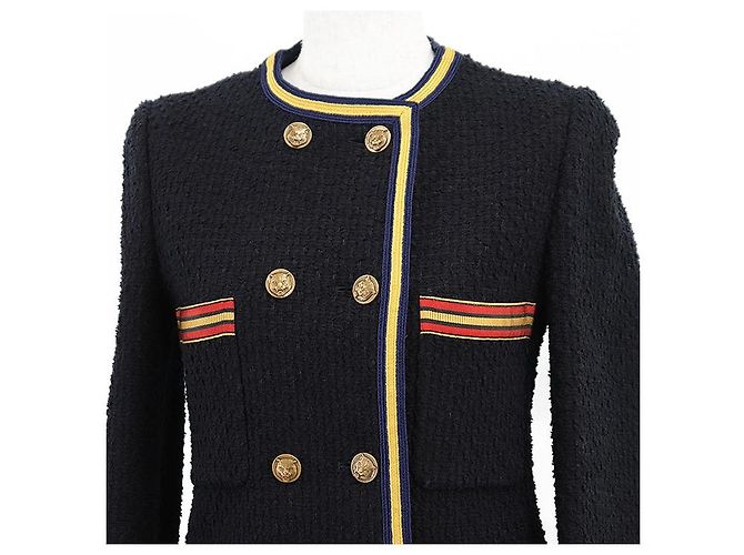 Chaqueta sin cuello cruzada de tweed Gucci Roja Azul Amarillo Azul marino - vista 2