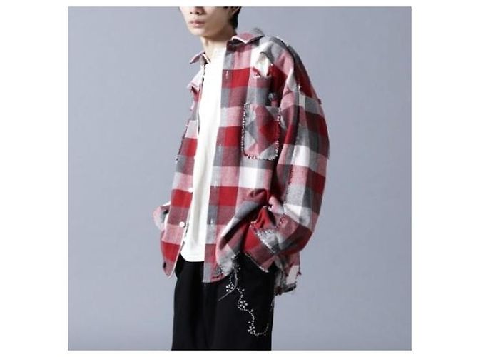 Autre Marque Danke Schon FLANNEL DAMAGE SHIRTS BLOCK Chemise à manches longues mélangée Rouge - vue 3