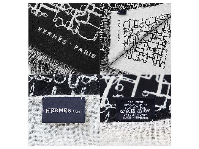 Lenço de seda e cashmere Hermès Collection Equestre Marrom Preto - vista 10