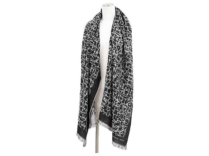 Lenço de seda e cashmere Hermès Collection Equestre Marrom Preto - vista 11