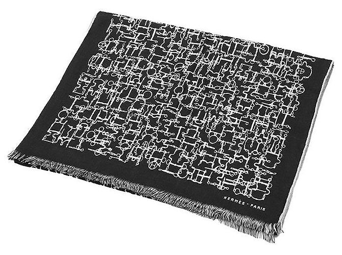 Lenço de seda e cashmere Hermès Collection Equestre Marrom Preto - vista 3