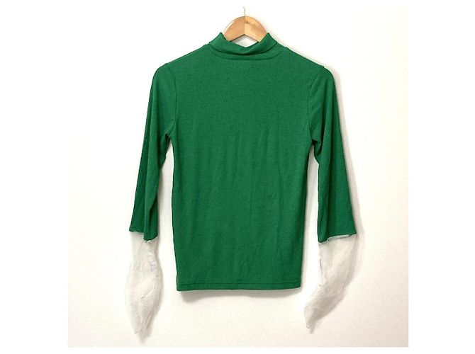 Autre Marque Happy John Langarm-Stricktop aus Mischmaterialien Weiß Grün - Ansicht 2