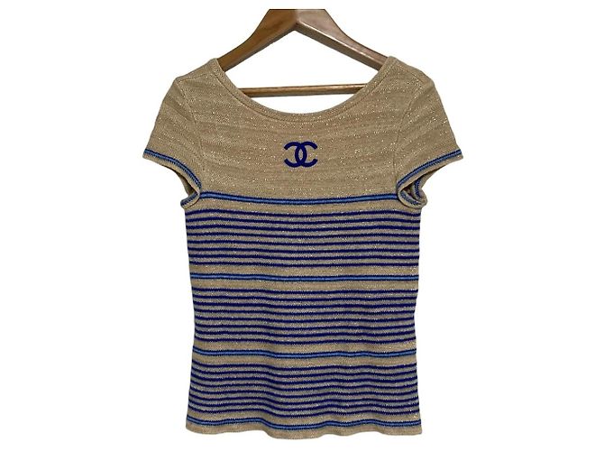 Malha Lame com Riscas Chanel Coco Mark Azul Bege - vista 2