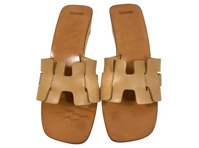 Hermès H-Motiv Keilabsatz-Sandalen aus Holz 36 Beige - Ansicht 3